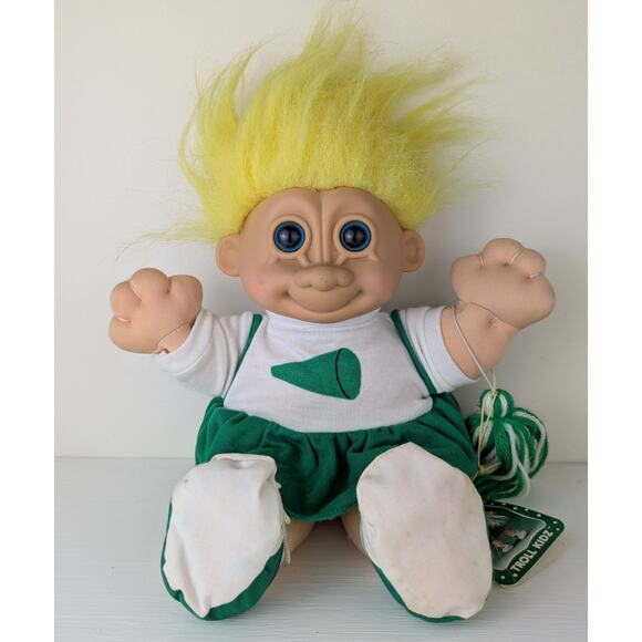 VTG Russ Troll Kidz Cheerleader w/ Tags Soft Body Yellow Hair Green White 12" - Picture 2 of 10